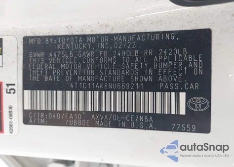 2022 Toyota Camry Le из США, поврежденный, VIN 4T1C11AK8NU669211